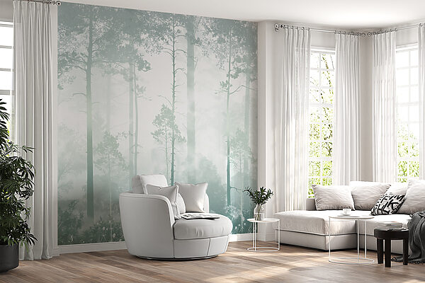 A foggy forest with tall trees A foggy forest with tall trees