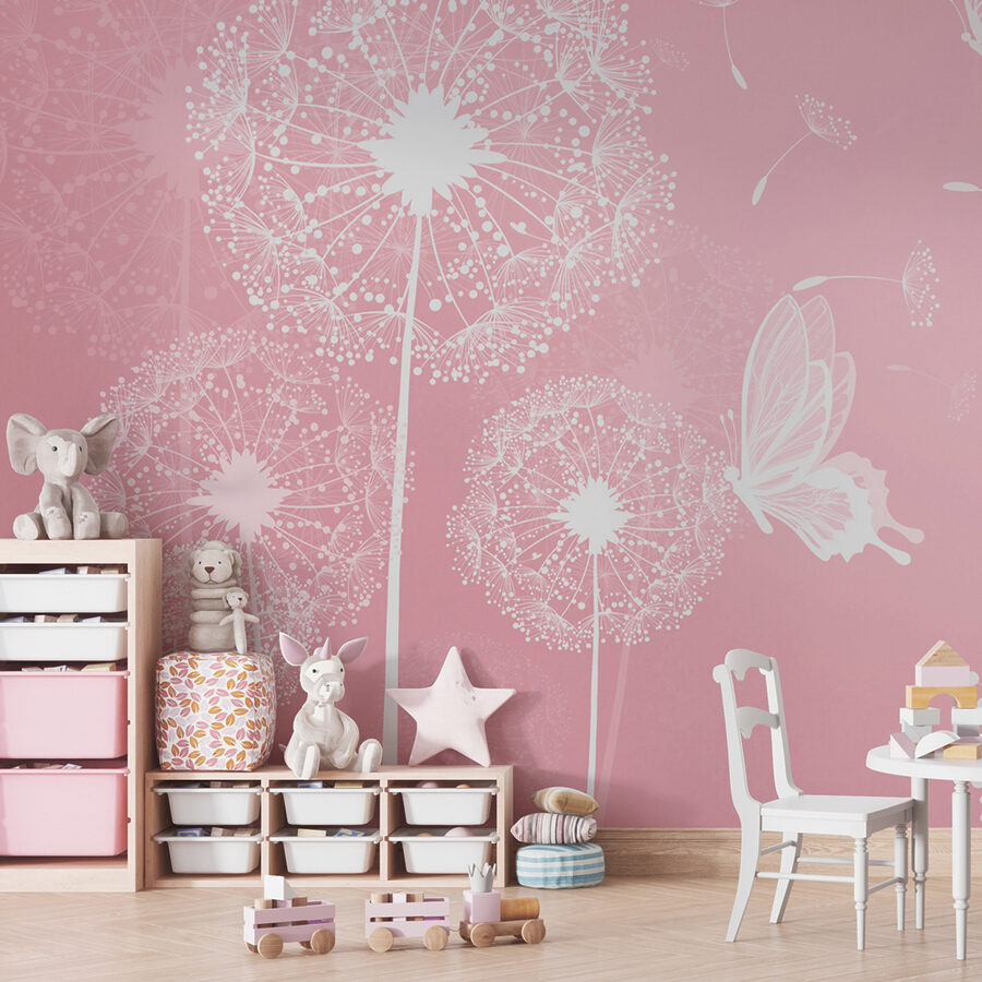 A pink background with white dandelions and butterflies A pink background with white dandelions and butterflies