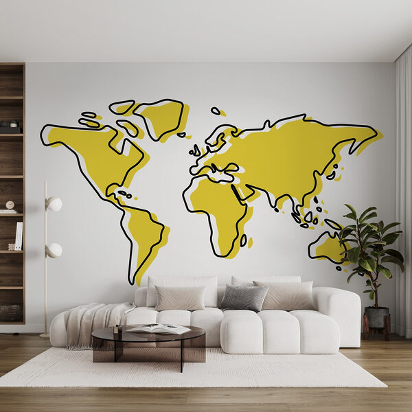 A yellow and black outline of a world map A yellow and black outline of a world map