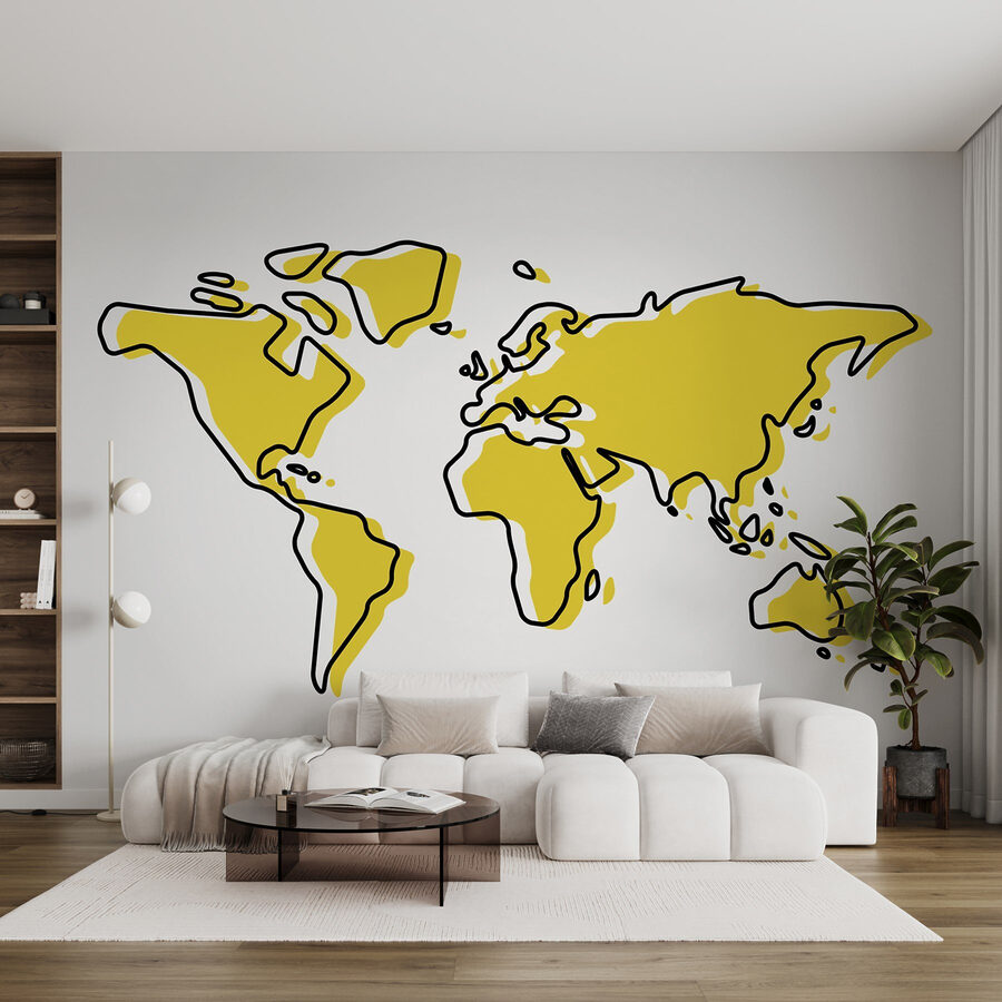 A yellow and black outline of a world map A yellow and black outline of a world map