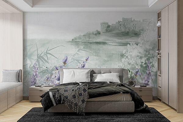 Watercolor painting of a castle and flowers Watercolor painting of a castle and flowers