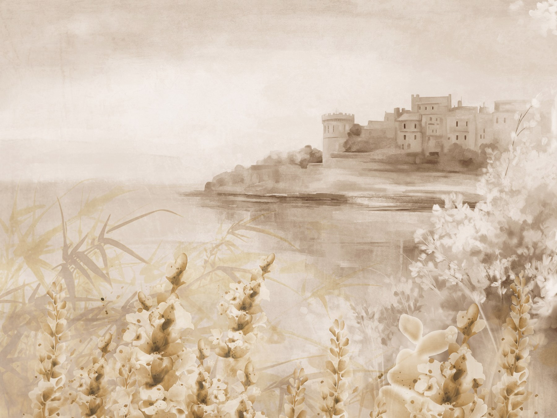 Painting of a castle and a lake Painting of a castle and a lake