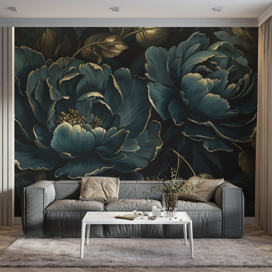 Textured blue peonies on dark background