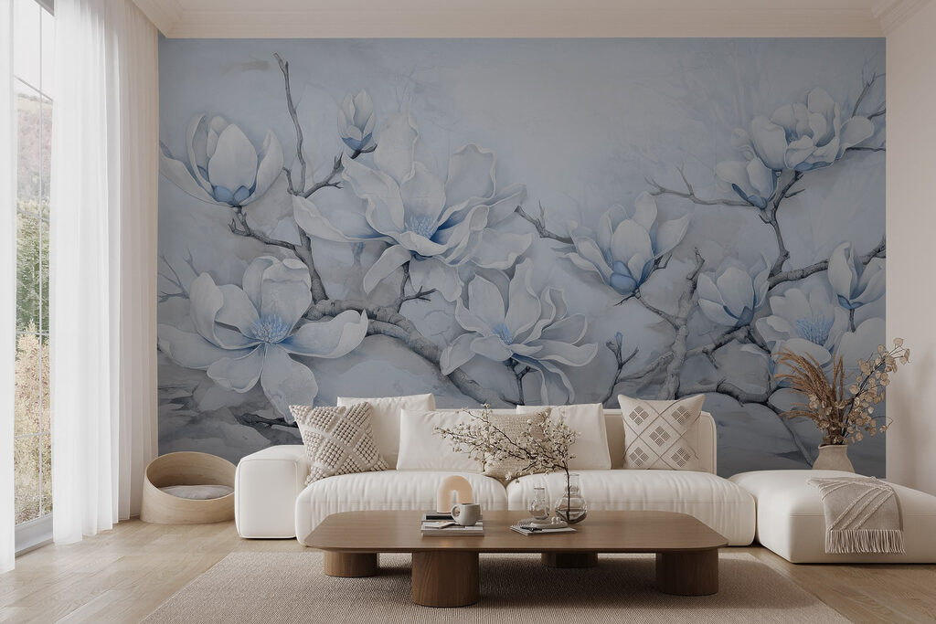 Painting of white flowers on a branch