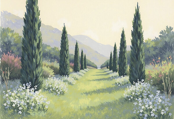 Painting of a landscape with trees and flowers Painting of a landscape with trees and flowers