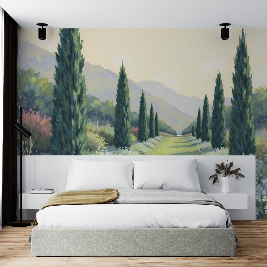 Painting of a landscape with trees and flowers