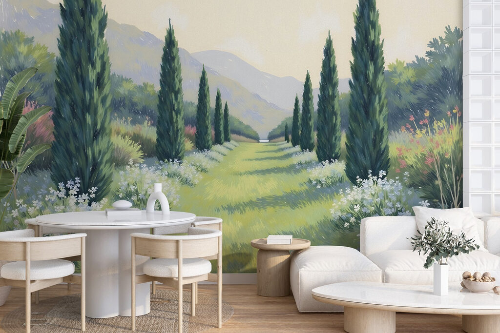 Painting of a landscape with trees and flowers Painting of a landscape with trees and flowers