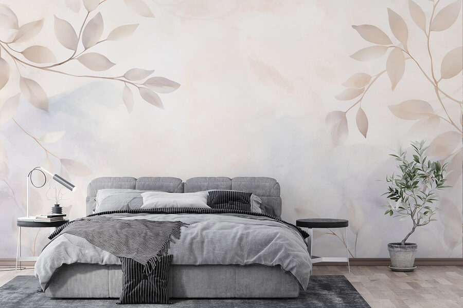 Wall murals White and gray leaves on a white background - Image 3