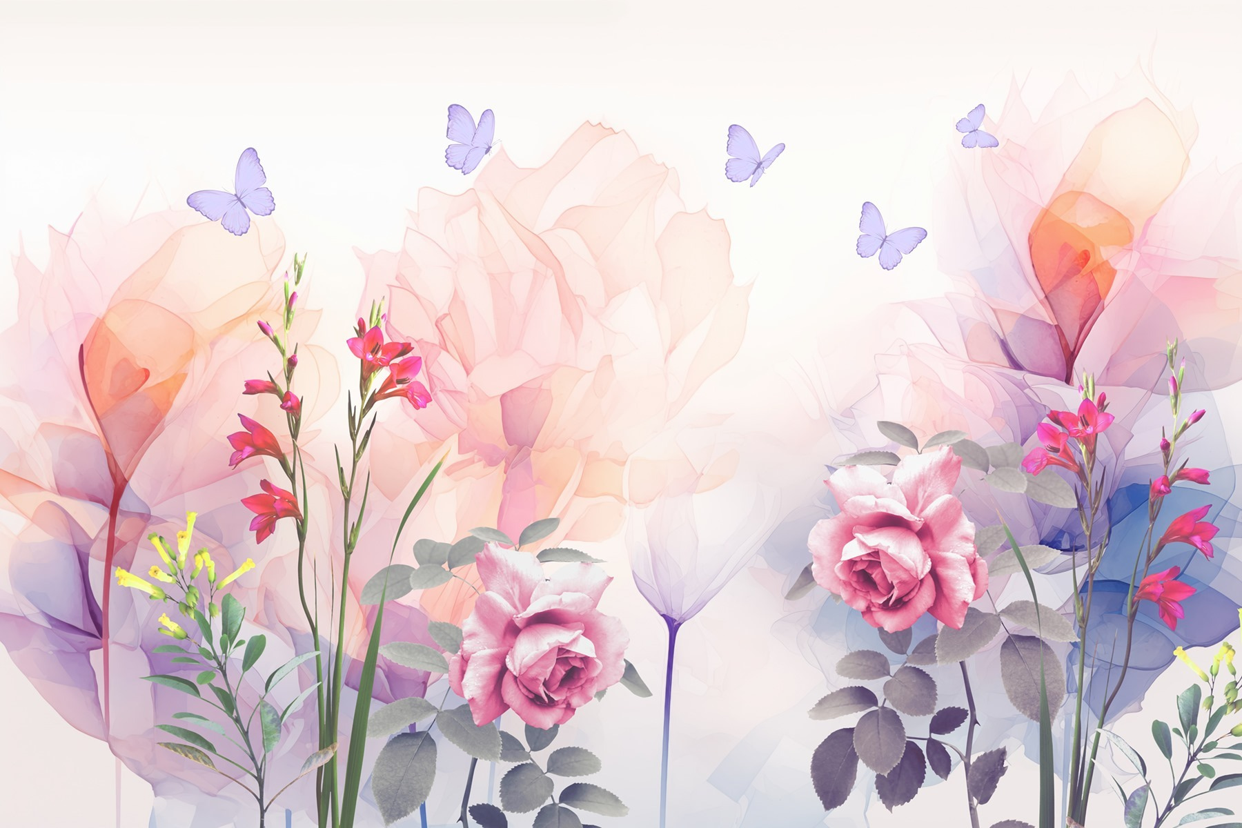 Group of flowers with butterflies Group of flowers with butterflies