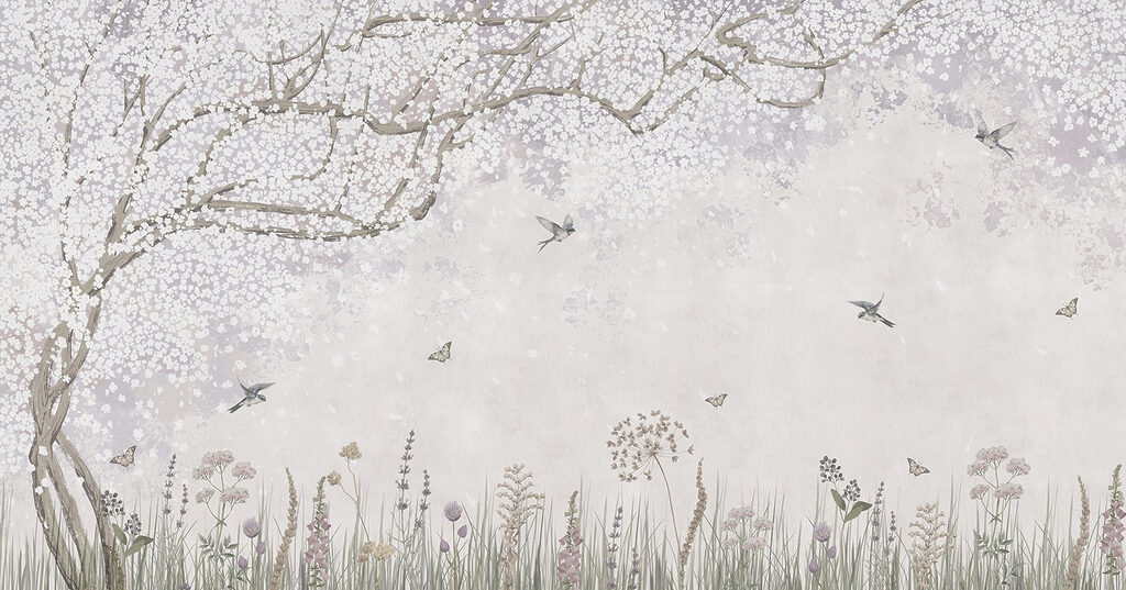 Painting of a garden with flowers and butterflies Painting of a garden with flowers and butterflies