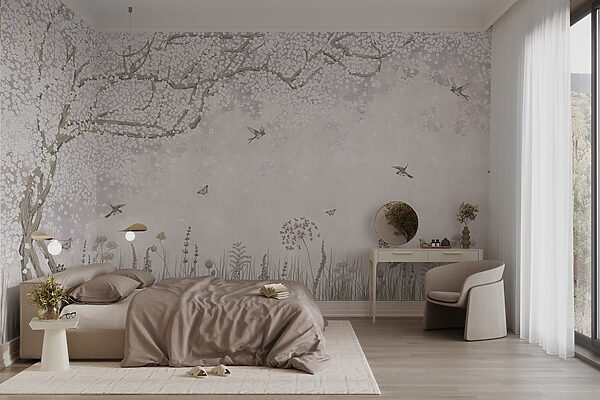 Painting of a garden with flowers and butterflies Painting of a garden with flowers and butterflies