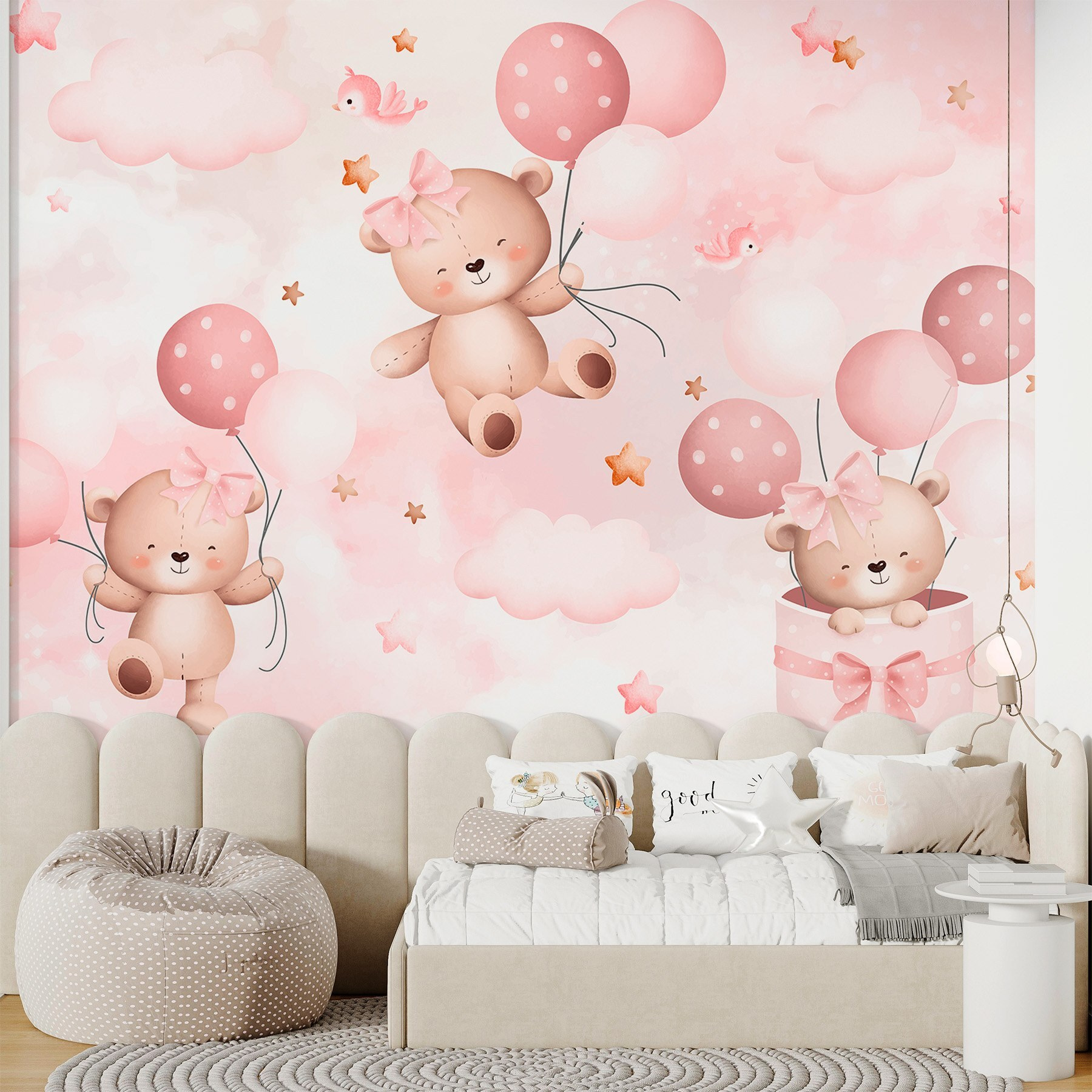 Group of teddy bears holding balloons