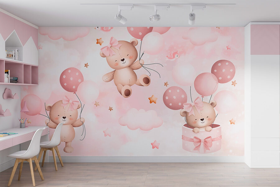 Group of teddy bears holding balloons