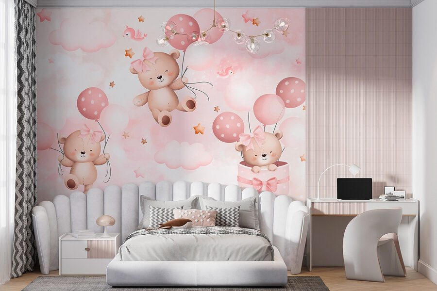 Group of teddy bears holding balloons