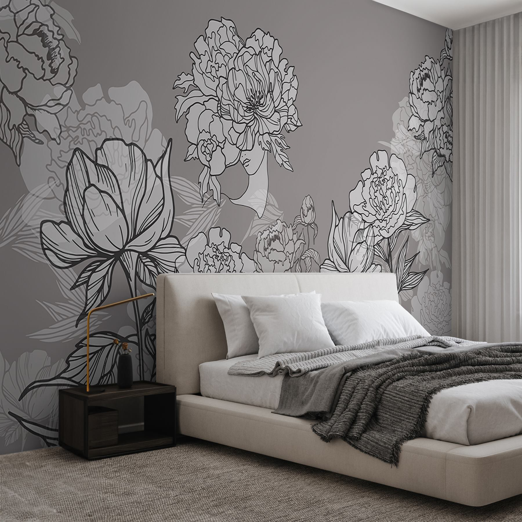 Line of flowers on a gray background