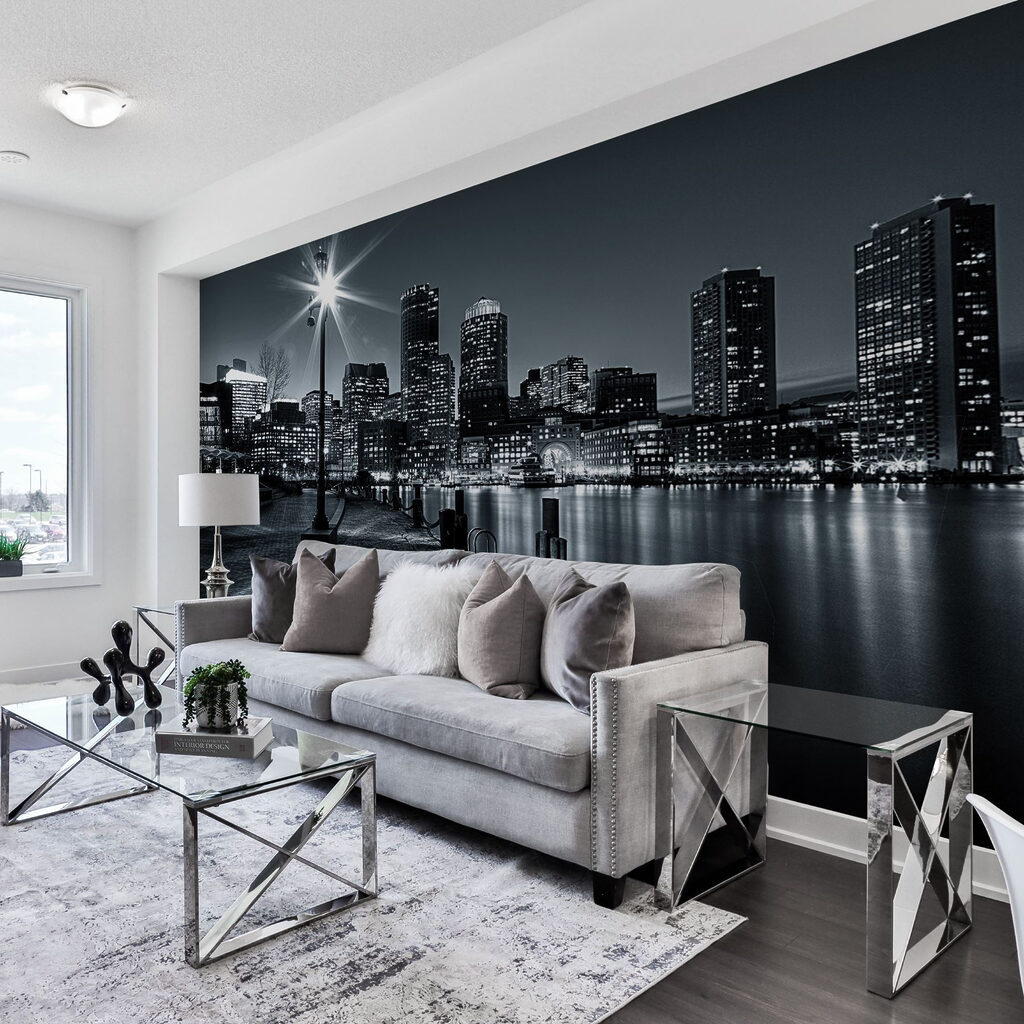 A city skyline with lights on the water A city skyline with lights on the water