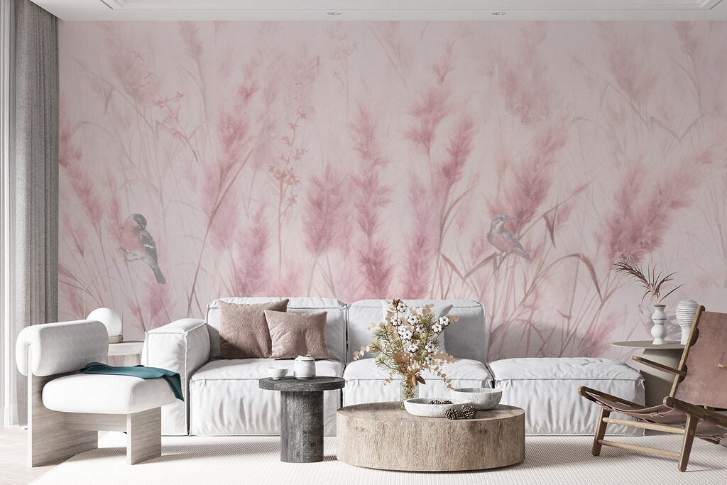 A group of birds in a field of pink grass A group of birds in a field of pink grass