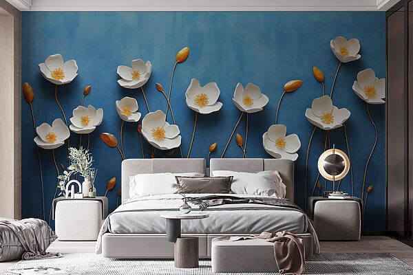 Wall murals Wall murals Group of white flowers on a blue background (SKU: w03800)