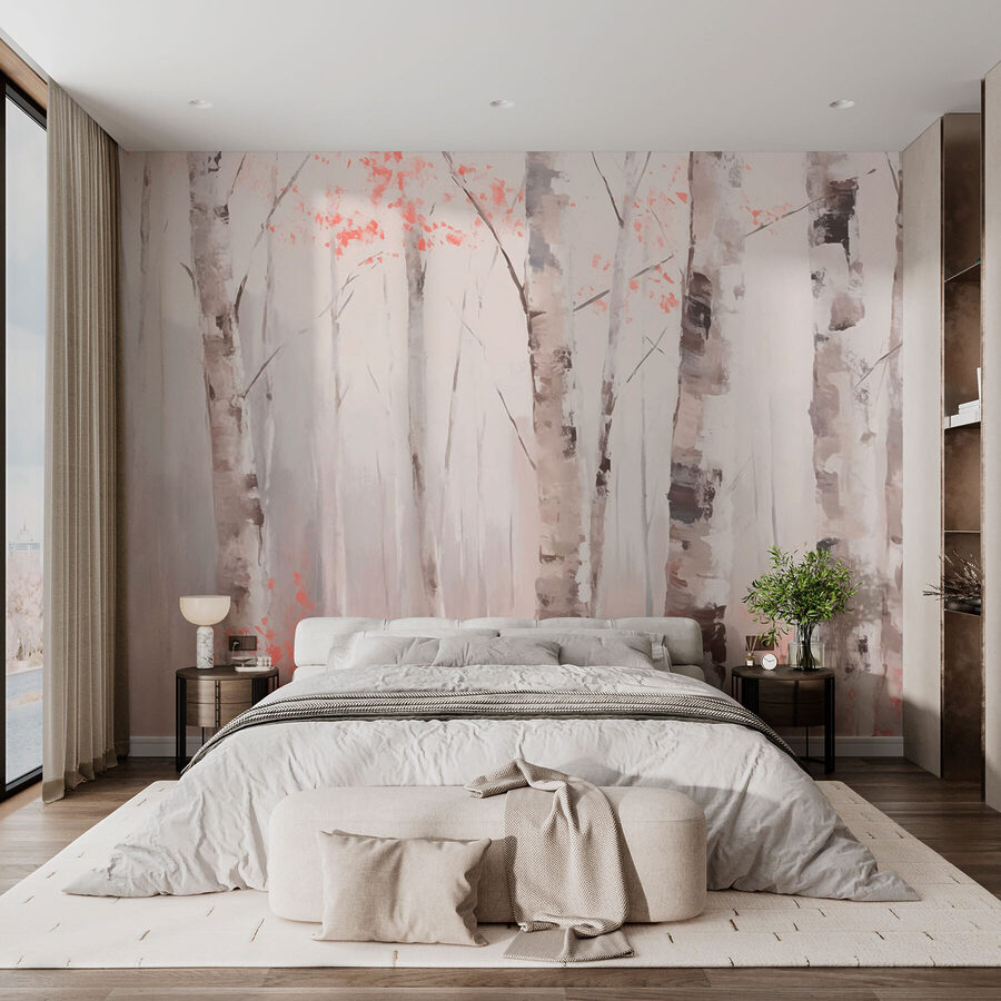 Painting of trees with pink leaves