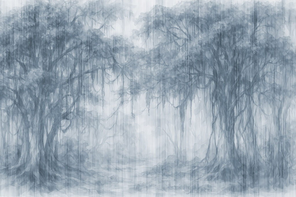 Group of trees in a foggy forest Group of trees in a foggy forest