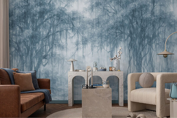 Group of trees in a foggy forest Group of trees in a foggy forest