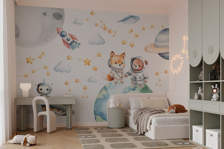 Watercolor cartoon of animals in space