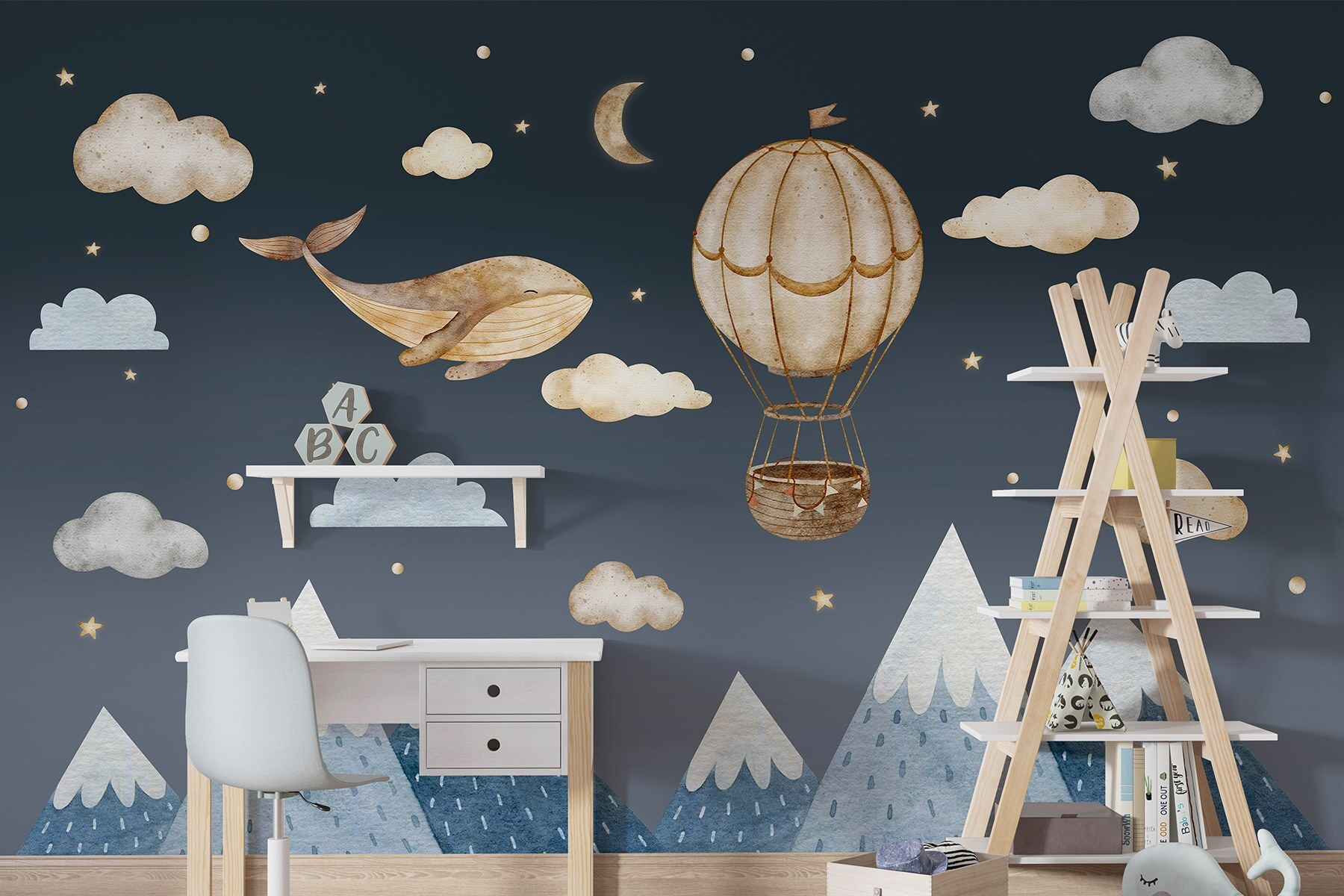 Whale and hot air balloon in the sky