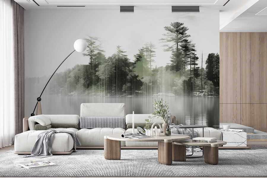 Wall murals Body of water with trees and fog - Image 3
