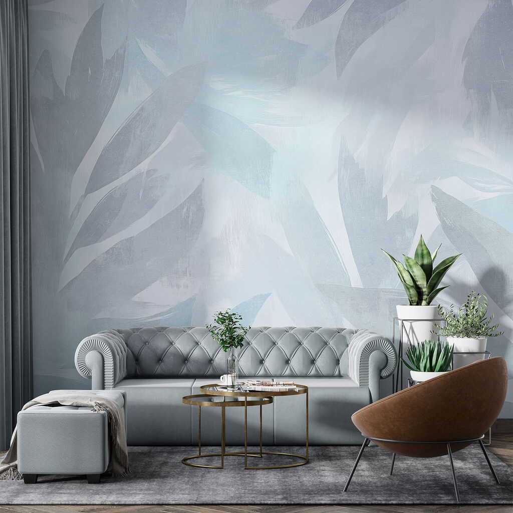 White and grey background with leaves
