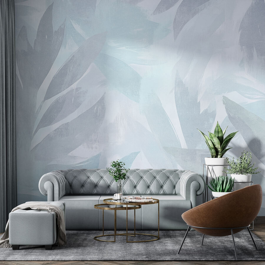 White and grey background with leaves