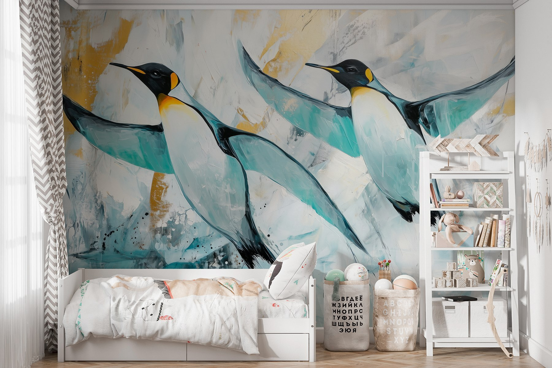 Painting of penguins flying
