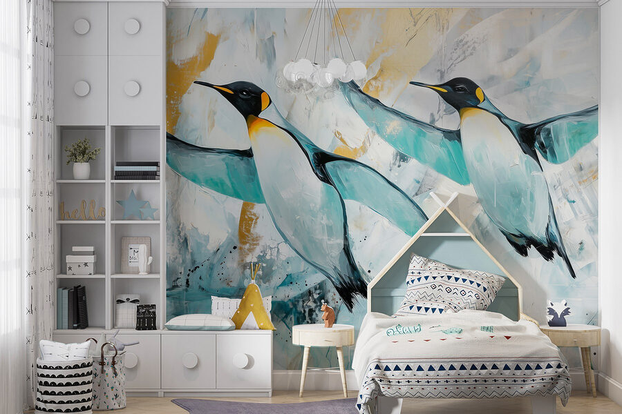 Painting of penguins flying Painting of penguins flying