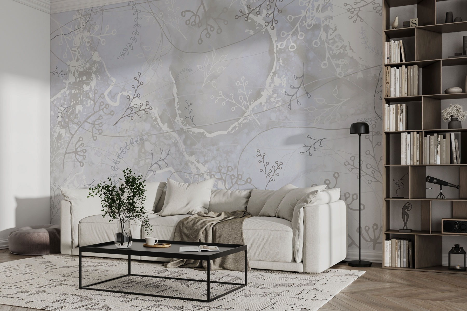 White and gray background with white and gray floral designs