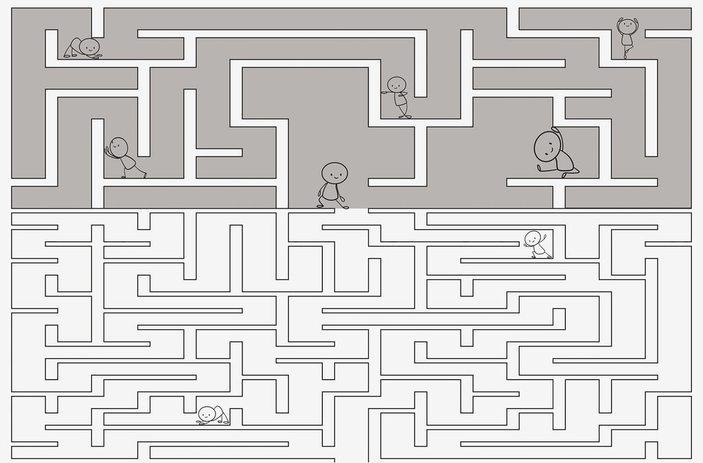 Maze game with cartoon people walking on the ground Maze game with cartoon people walking on the ground