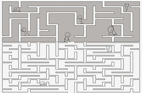 Maze game with cartoon people walking on the ground Maze game with cartoon people walking on the ground