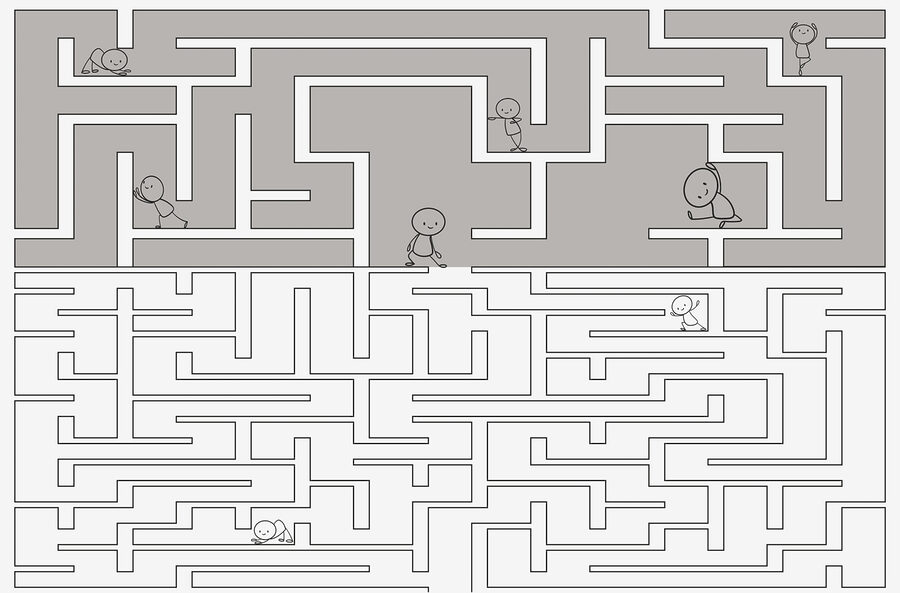 Maze game with cartoon people walking on the ground