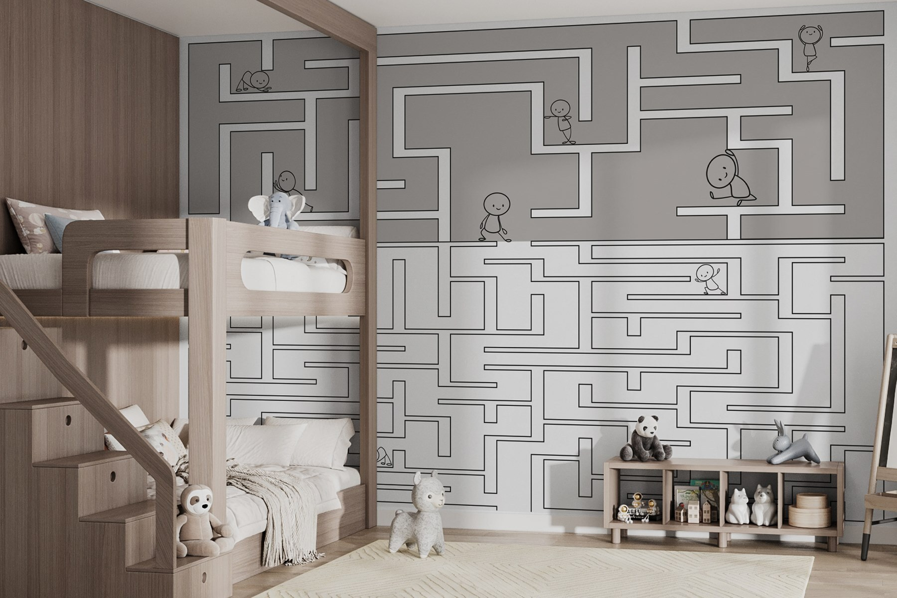 Maze game with cartoon people walking on the ground