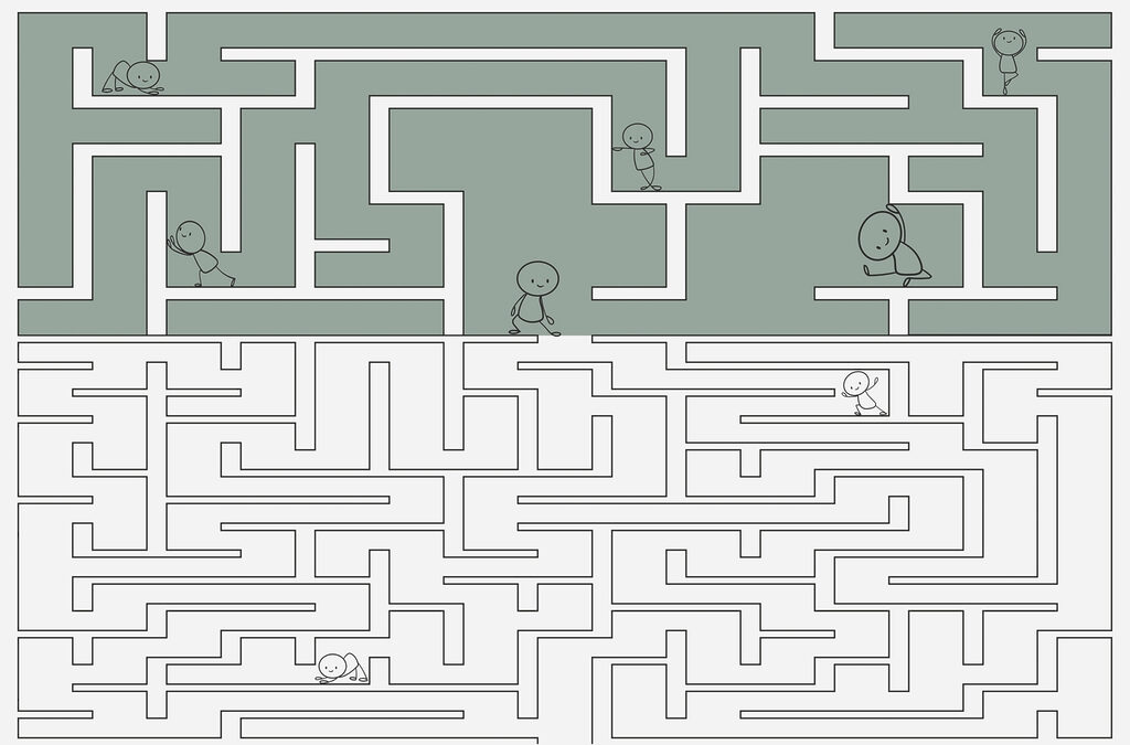 Maze game with cartoon people walking through the maze Maze game with cartoon people walking through the maze