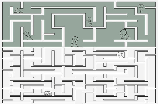 Maze game with cartoon people walking through the maze Maze game with cartoon people walking through the maze