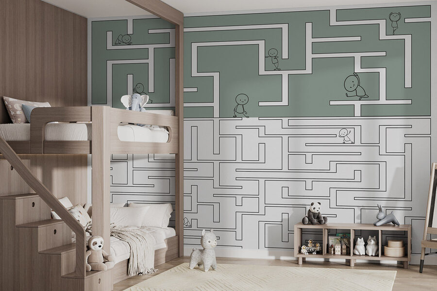 Maze game with cartoon people walking through the maze