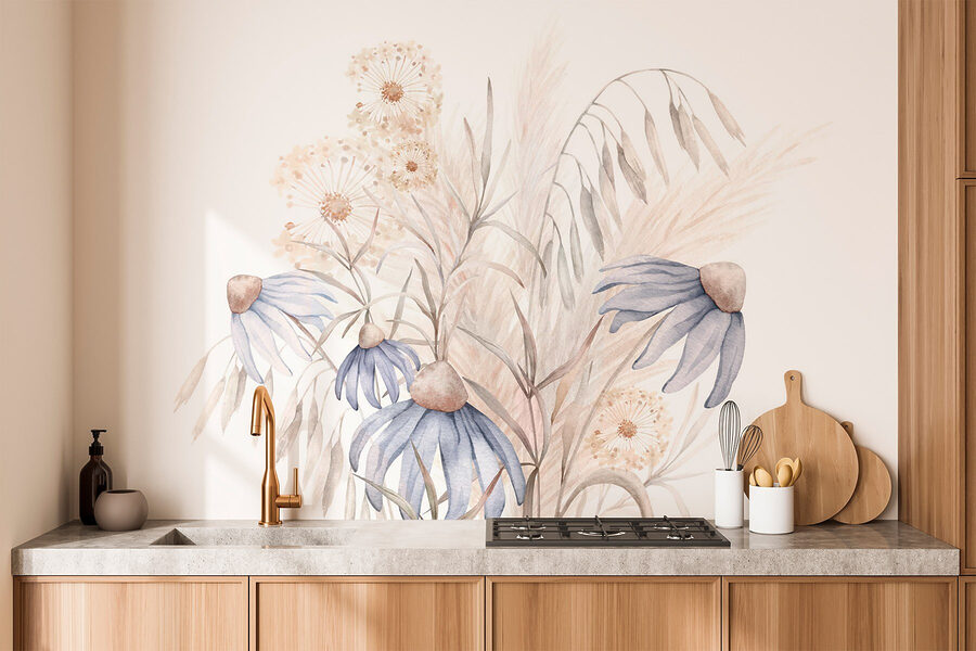 Watercolor painting of flowers and plants