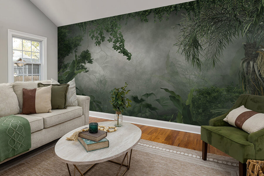 Foggy forest with plants and trees