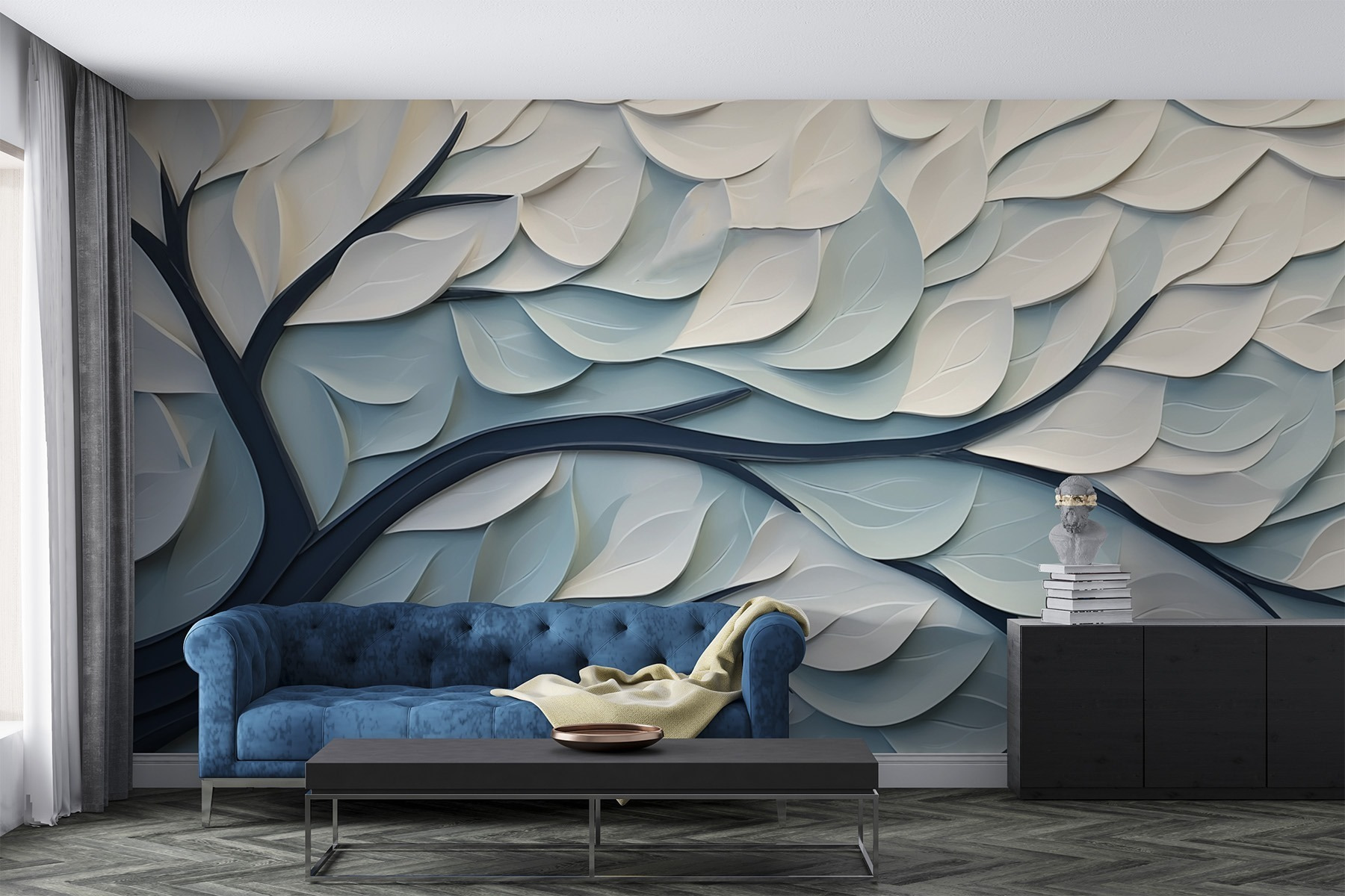 White and blue tree with leaves