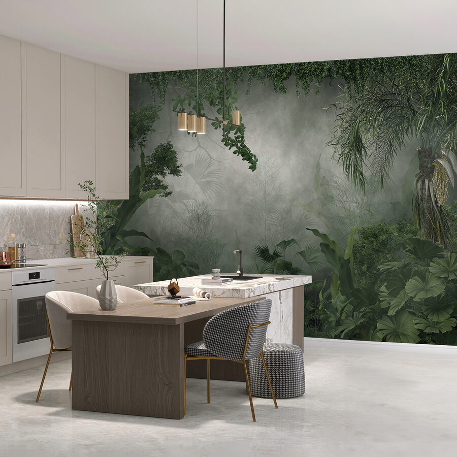 Foggy forest with plants and trees