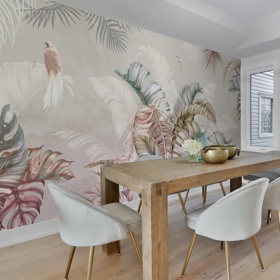 Tropical foliage with delicate birds.
