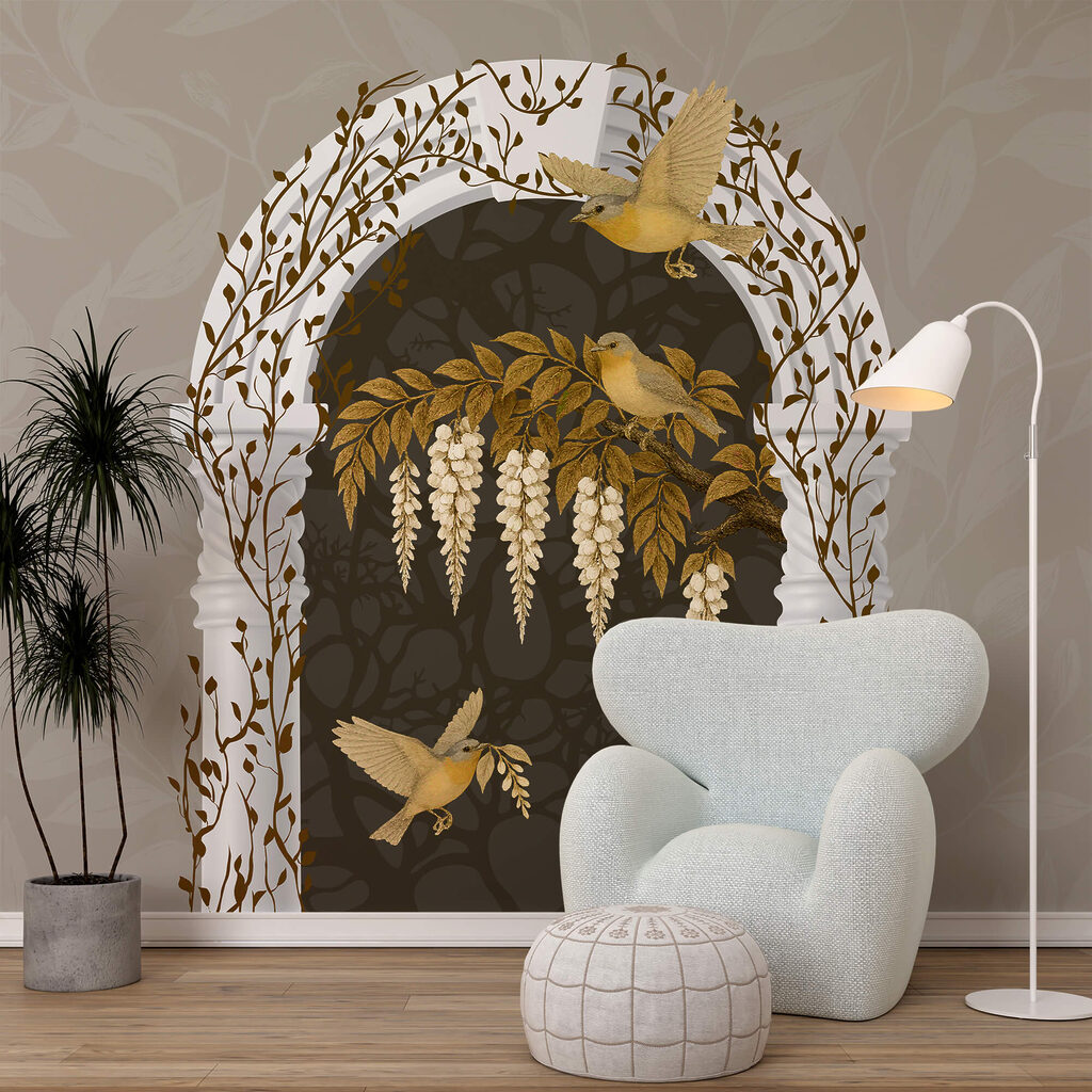 White arch with birds flying over it White arch with birds flying over it