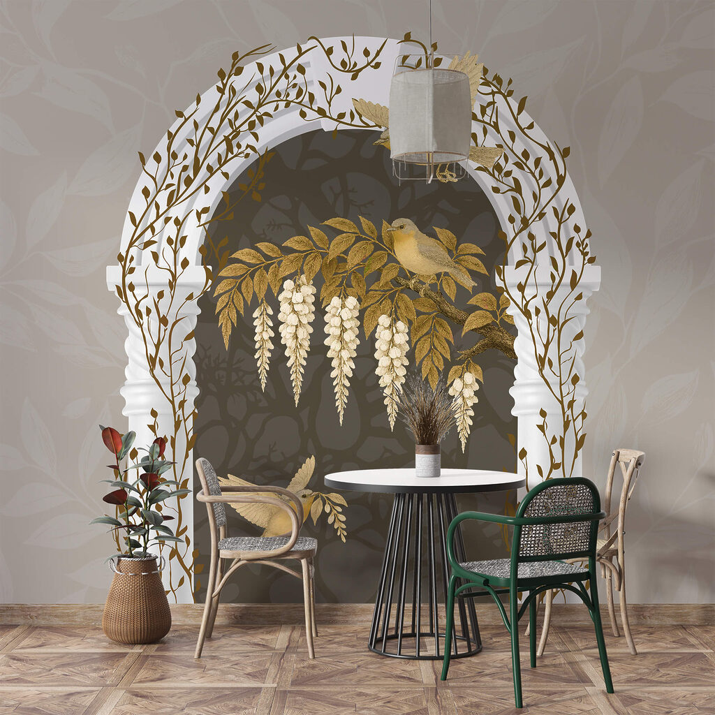 White arch with birds flying over it White arch with birds flying over it