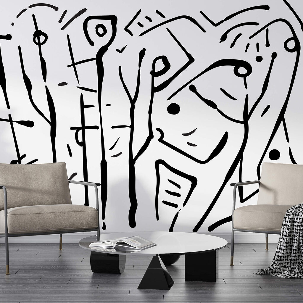 Black and white drawing of a group of people