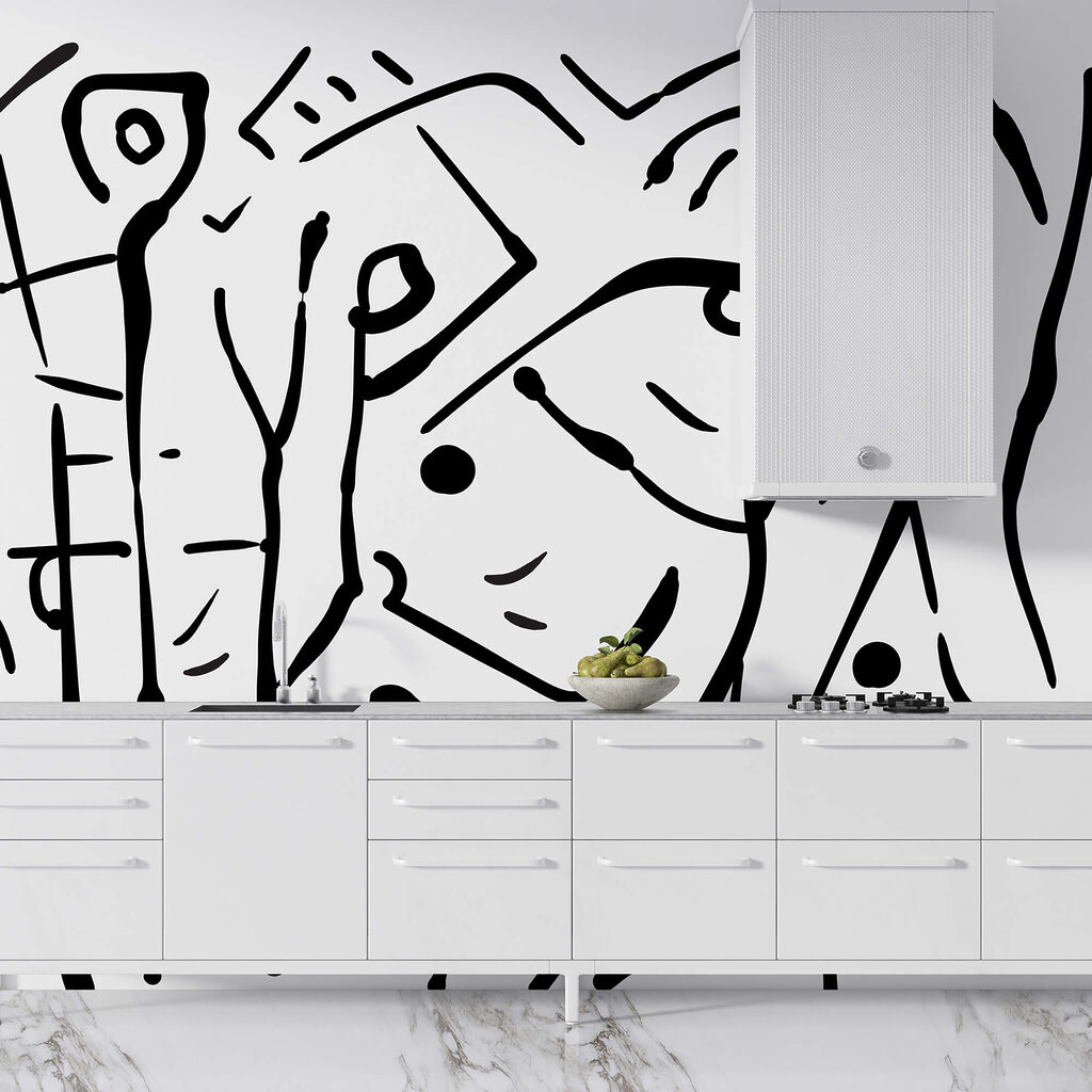 Black and white drawing of a group of people