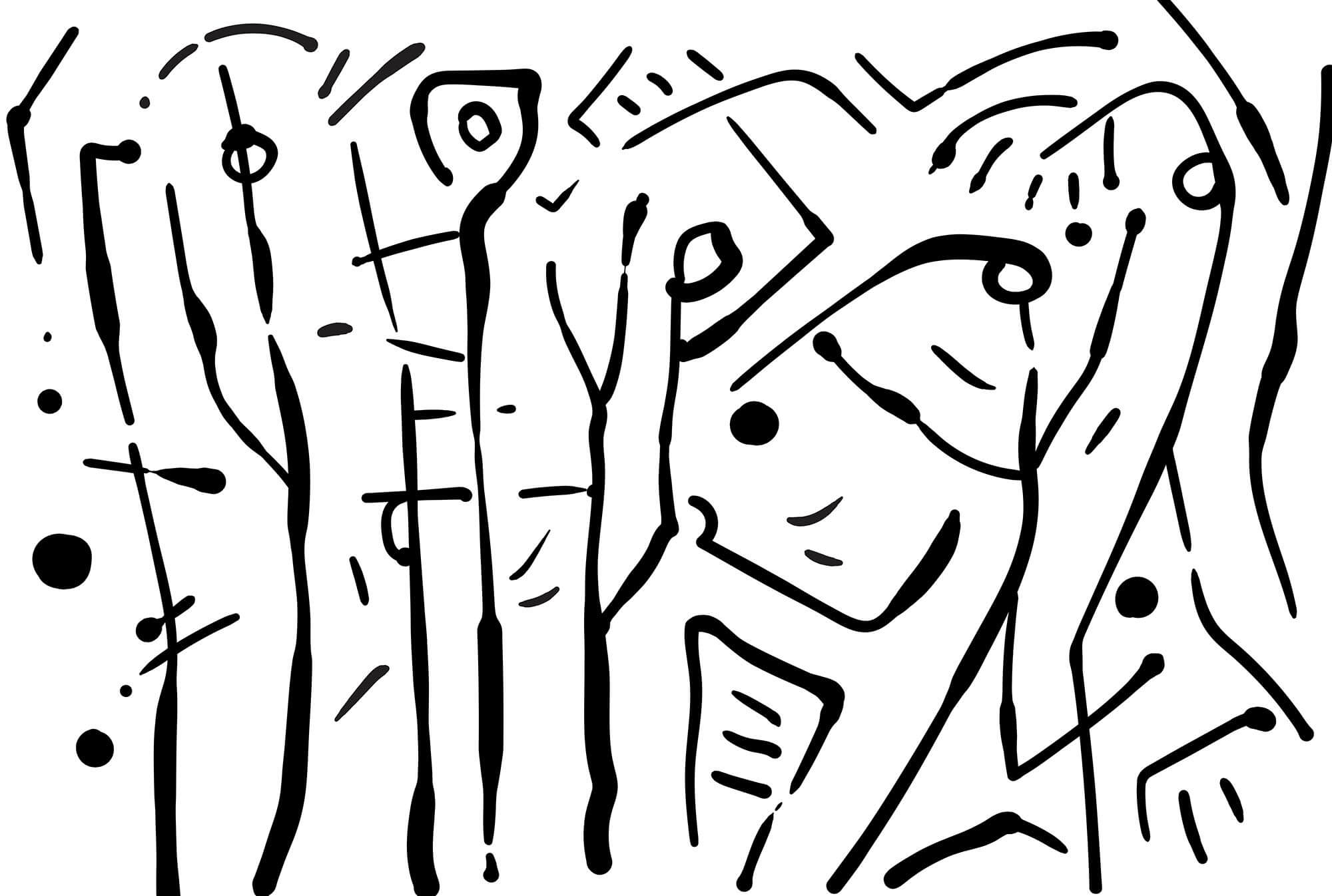 t00016p - Black and white drawing of a group of people - tegory
